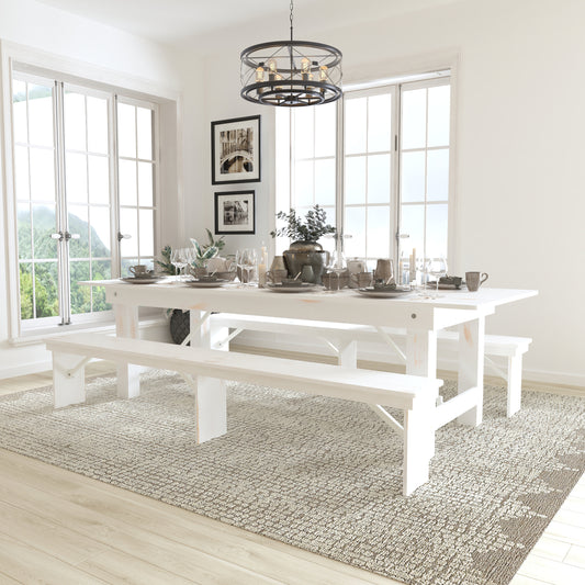 9'x40" White Table/2 Bench Set XA-FARM-6-WH-GG