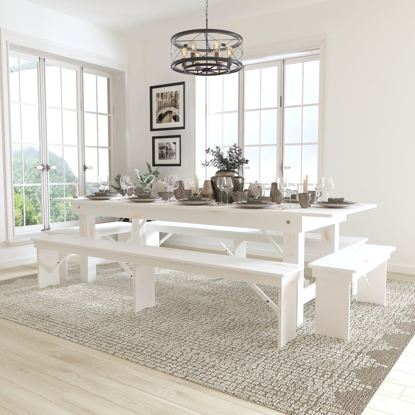 9'x40" White Table/4 Bench Set XA-FARM-7-WH-GG