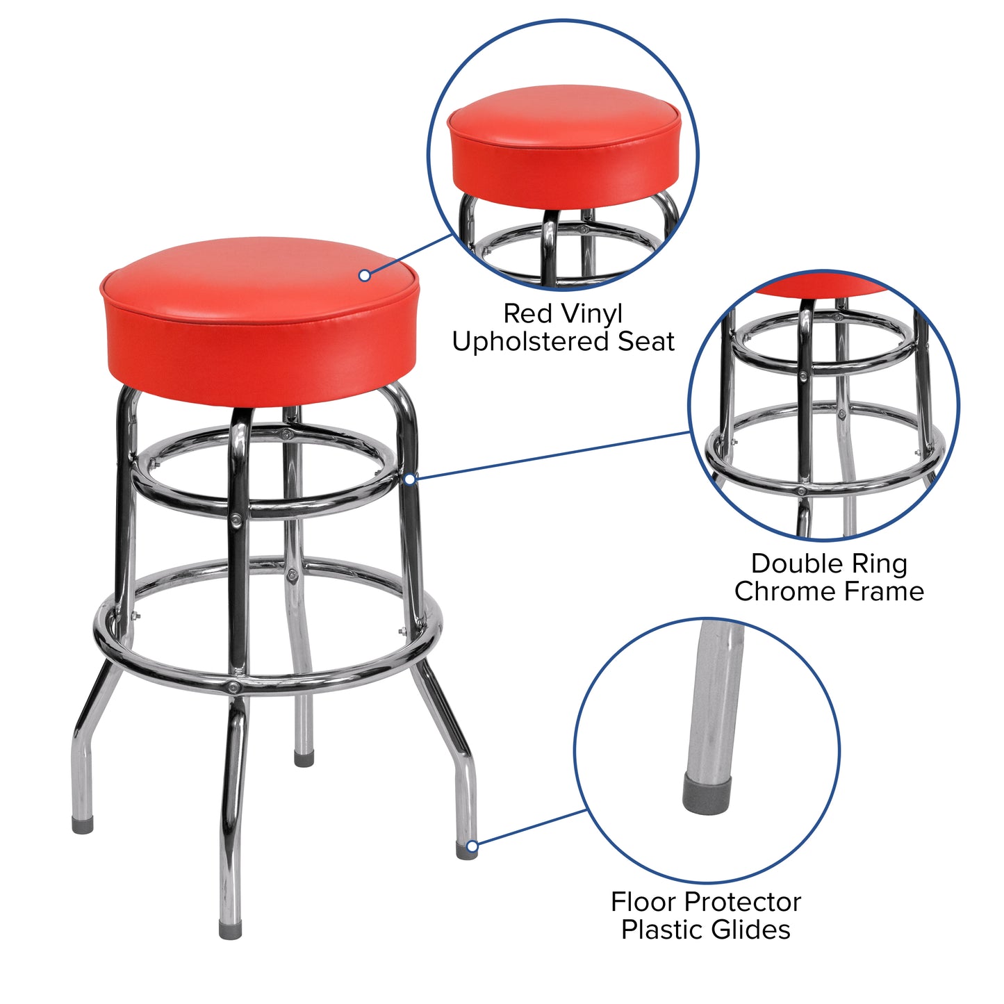 Red Double Ring Chrome Stool XU-D-100-RED-GG