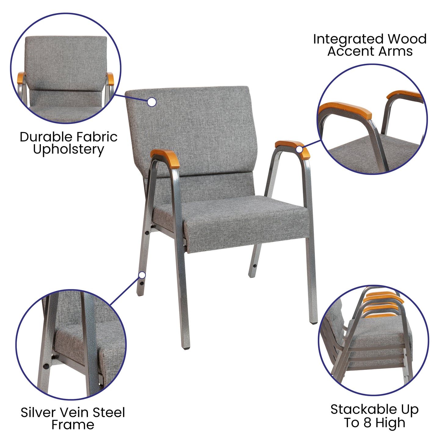 Gray Fabric Church Arm Chair XU-DG-60156-GY-GG