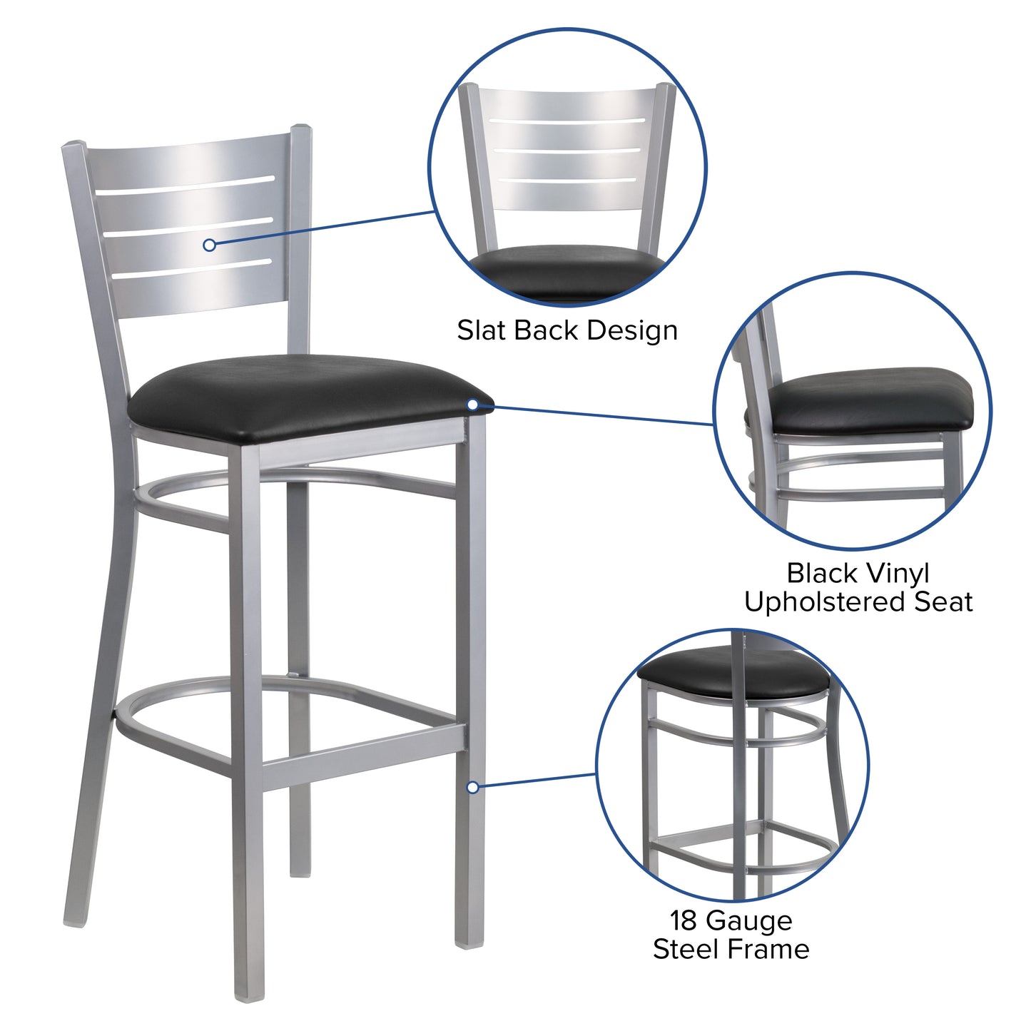 Silver Slat Stool-Black Seat XU-DG-60402-BAR-BLKV-GG