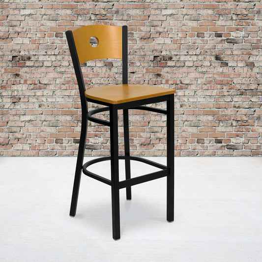 Bk/Nat Circle Stool-Wood Seat XU-DG-6F6B-CIR-BAR-NATW-GG