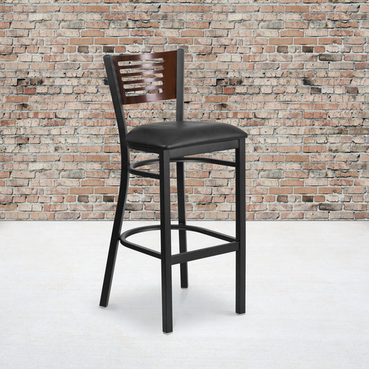 Bk/Wal Slat Stool-Black Seat XU-DG-6H1B-WAL-BAR-BLKV-GG