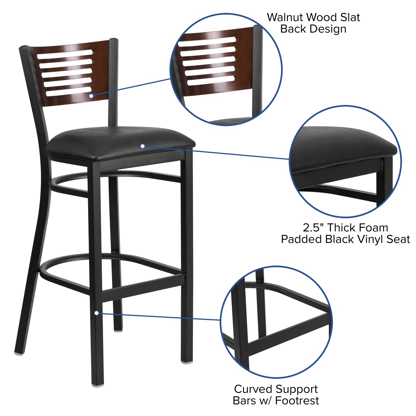 Bk/Wal Slat Stool-Black Seat XU-DG-6H1B-WAL-BAR-BLKV-GG