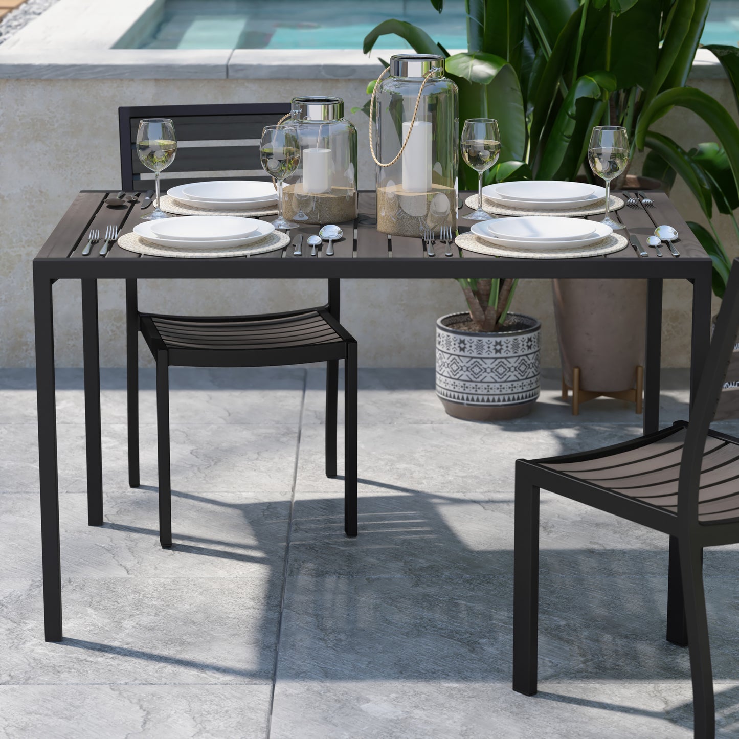 Outdoor Patio Dining Table with Umbrella Holder Hole