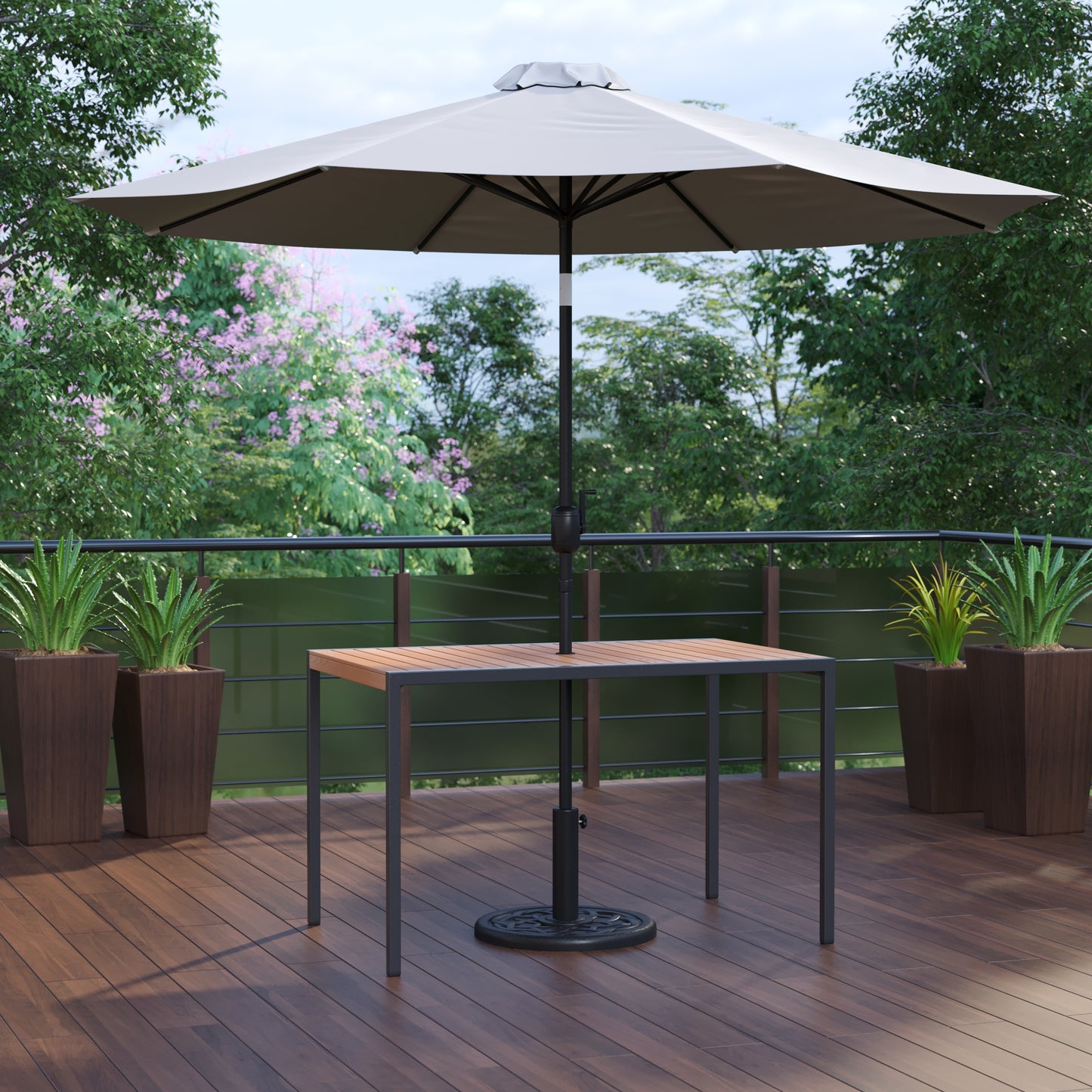 Faux Teak Patio Table-Umbrella XU-DG-UH3048-UB19BGY-GG