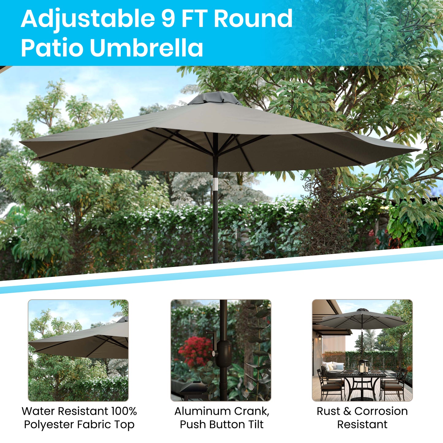 Faux Teak Patio Table-Umbrella XU-DG-UH3048-UB19BGY-GG