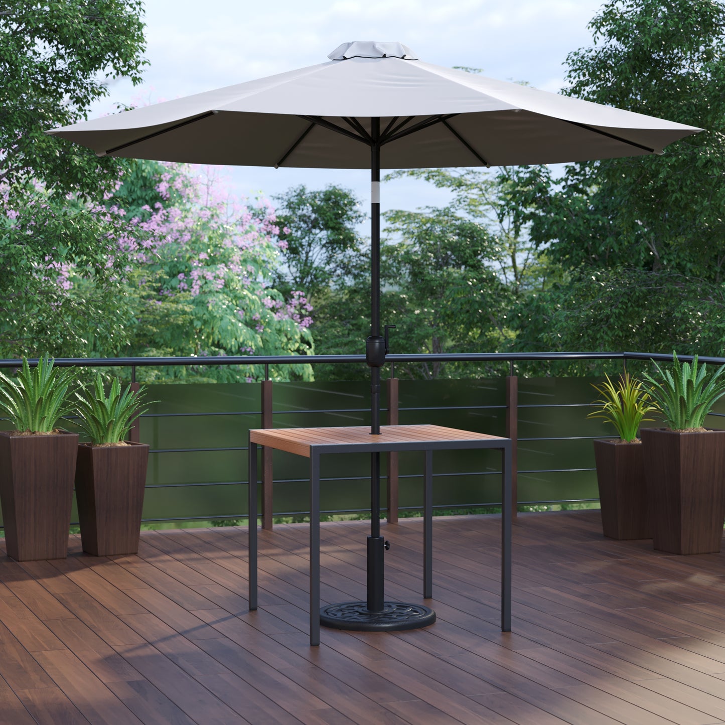 Faux Teak Patio Table-Umbrella XU-DG-UH8100-UB19BGY-GG