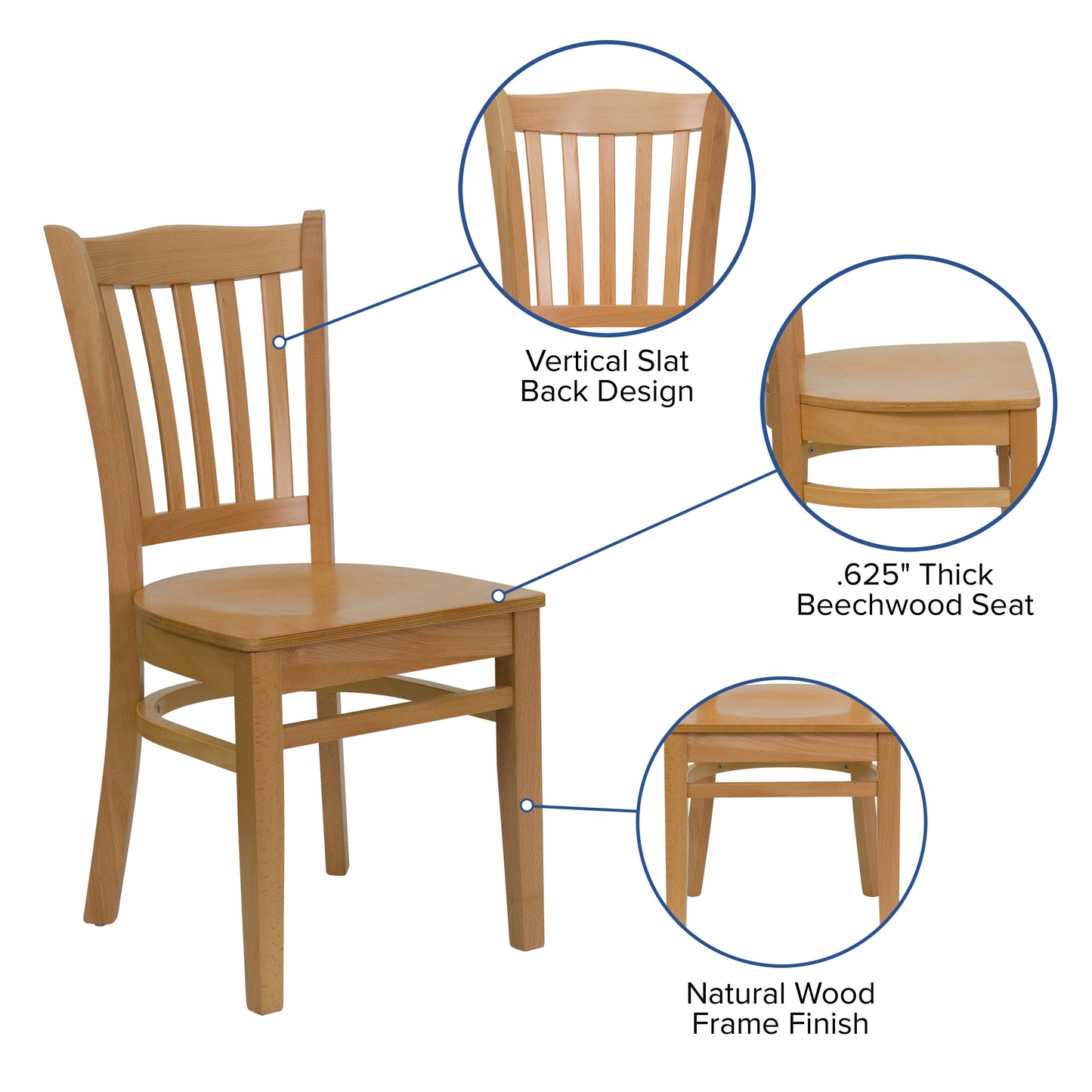 Natural Wood Dining Chair XU-DGW0008VRT-NAT-GG